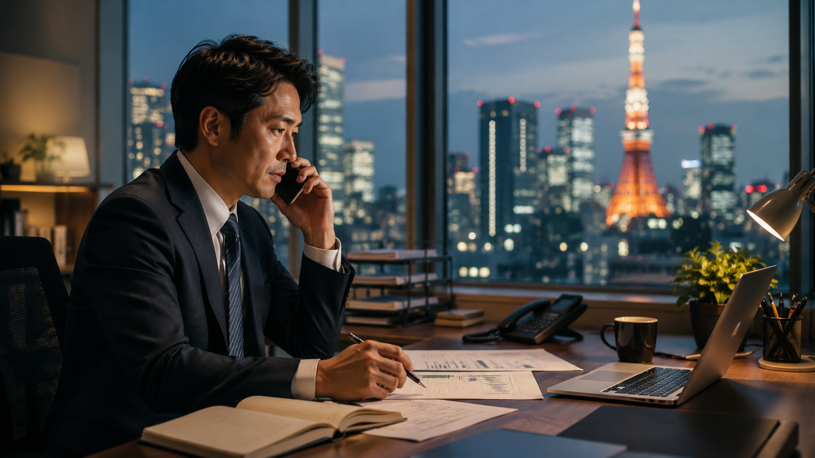 東京の夜景を背景にオフィスで電話をするビジネスマン