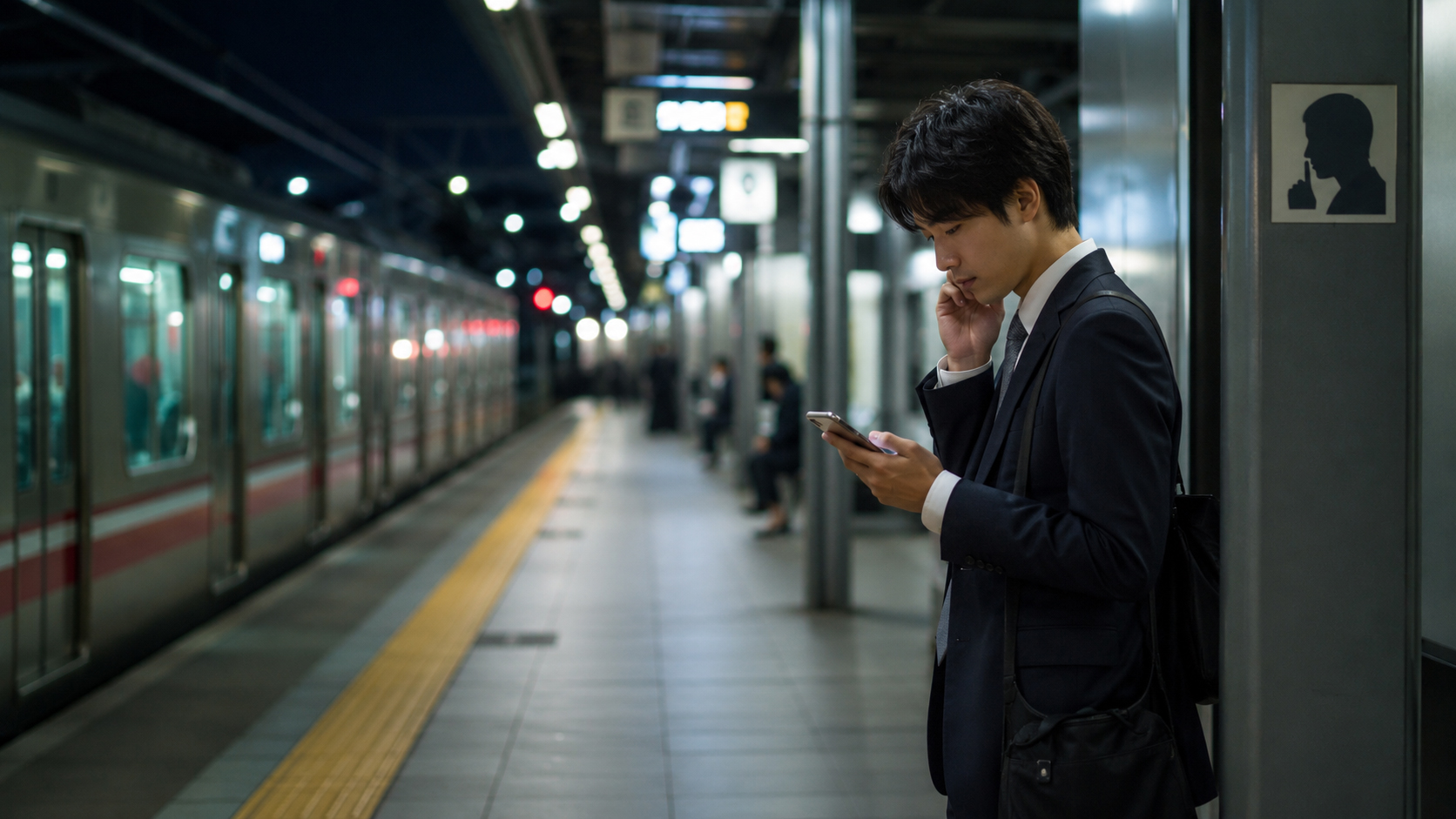駅のホームで電話マナーを意識してスマートフォンを見るビジネスマン