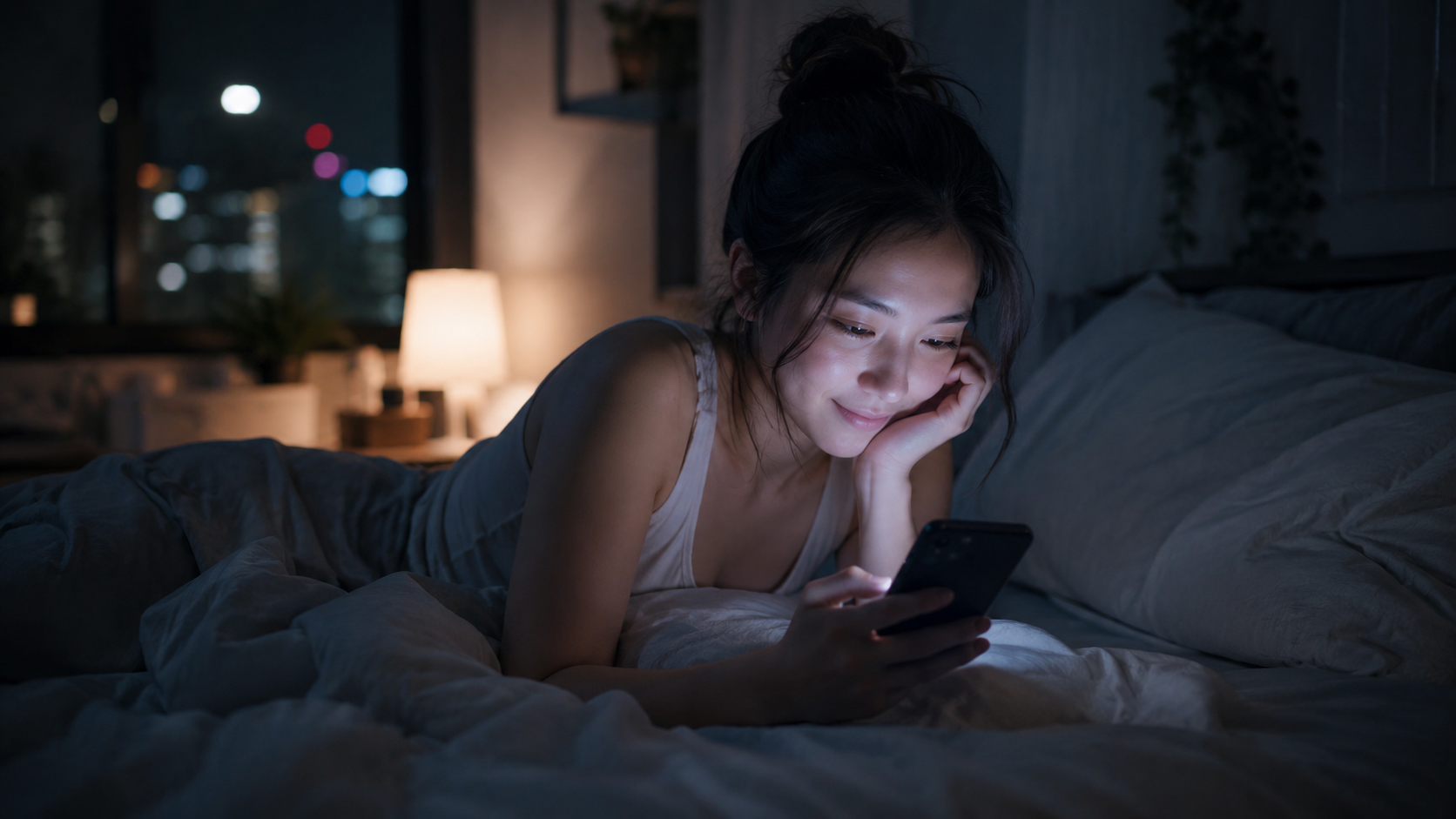 夜の寝室でスマートフォンを見る女性