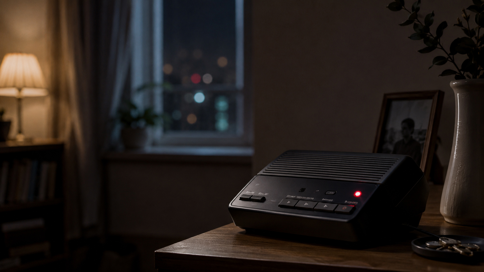 夜の部屋で赤いランプが光る留守番電話