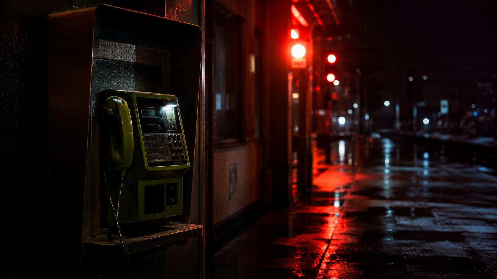 夜の街角で赤い非常灯に照らされた公衆電話