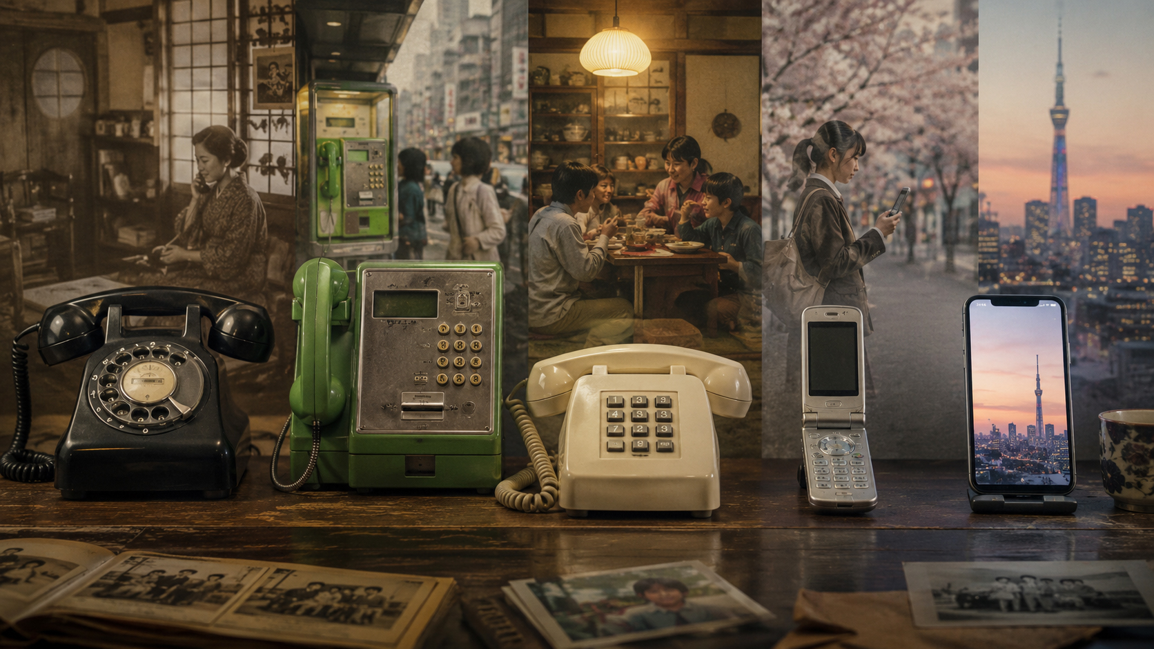黒電話、公衆電話、家庭電話、ガラケー、スマートフォンが並ぶ電話史の風景
