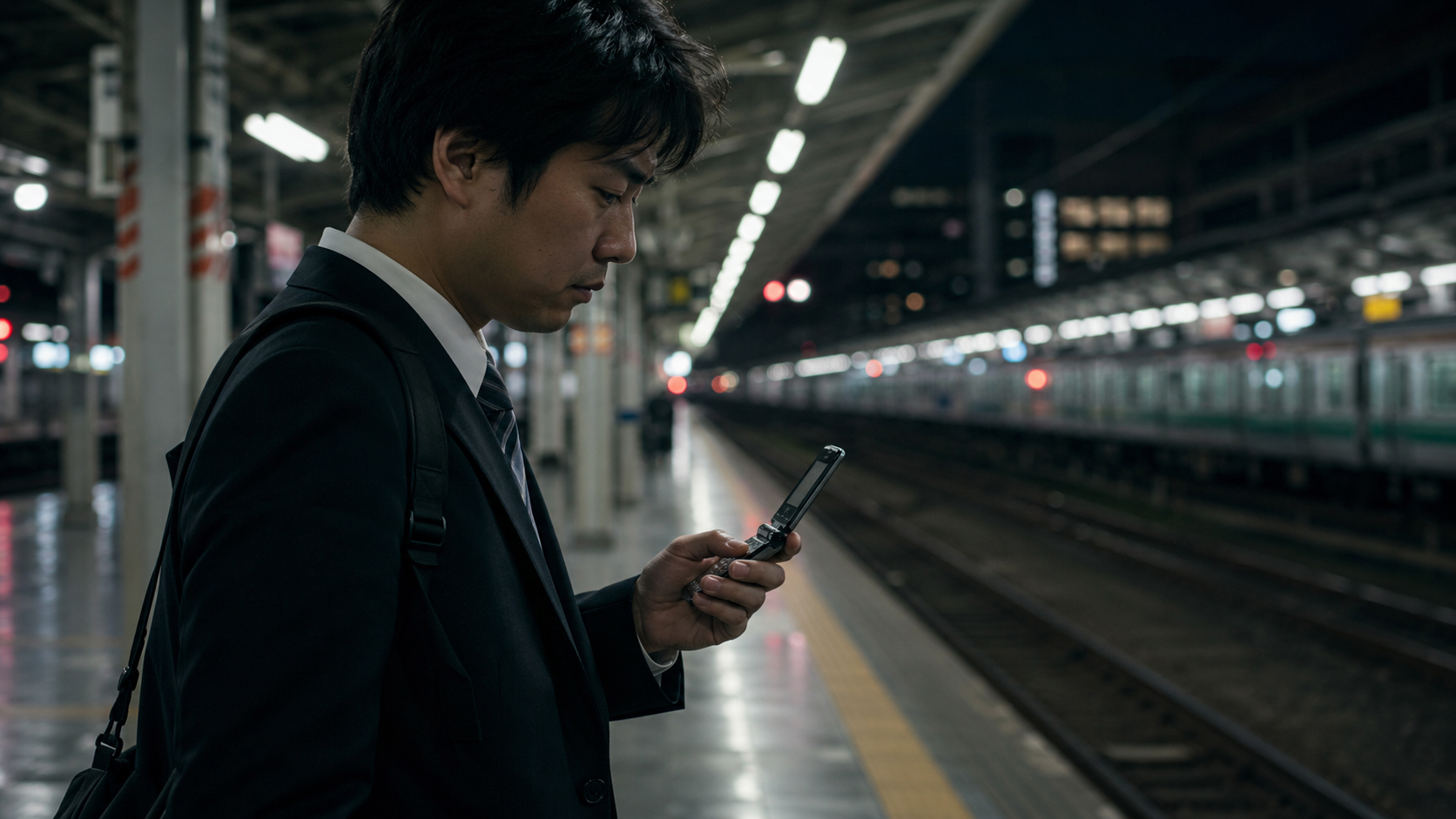 夜の駅ホームで折りたたみ携帯電話を見るビジネスマン