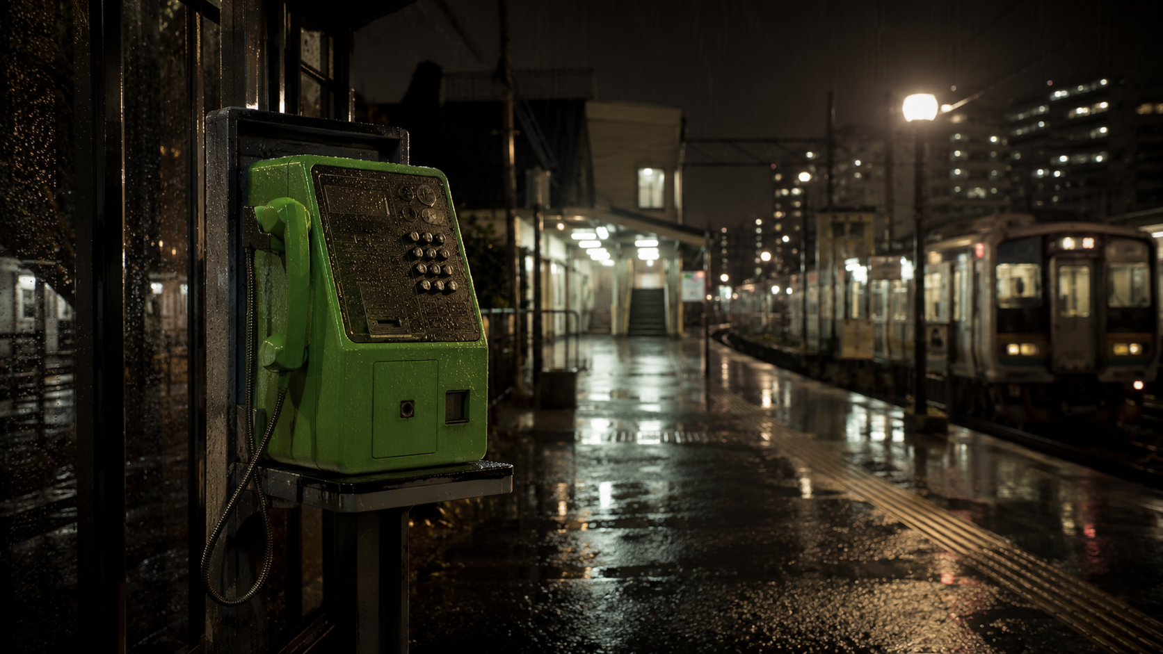 雨の夜の駅ホームにある緑の公衆電話