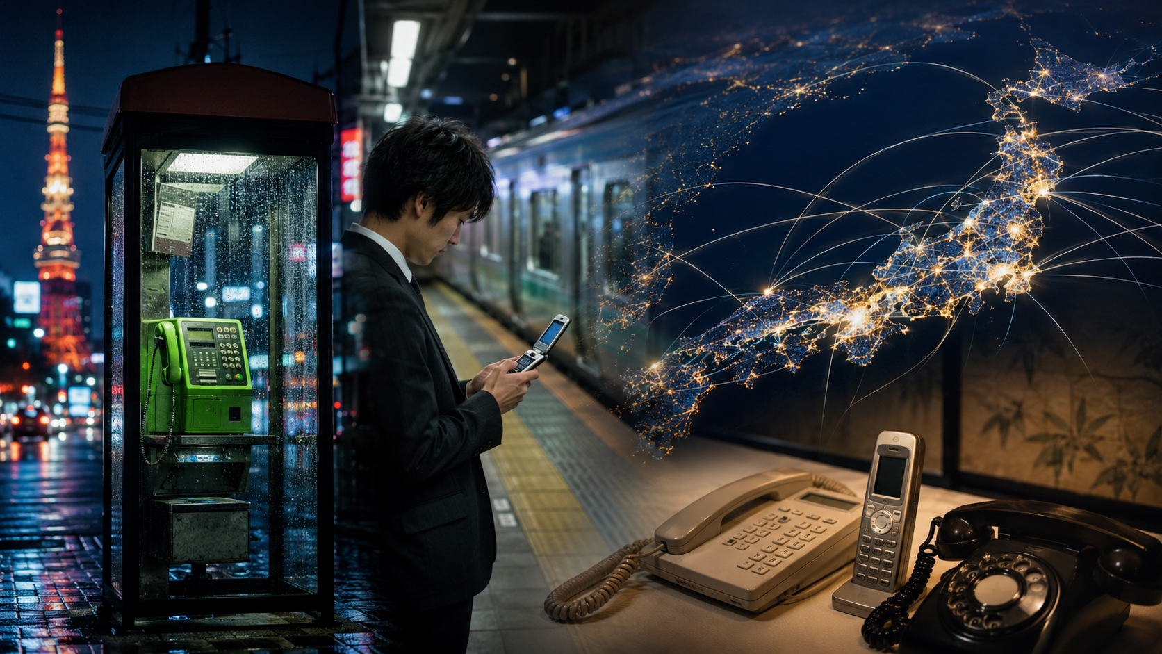 公衆電話、ケータイ、電話ボックス、電話網が重なる日本の電話文化コラージュ