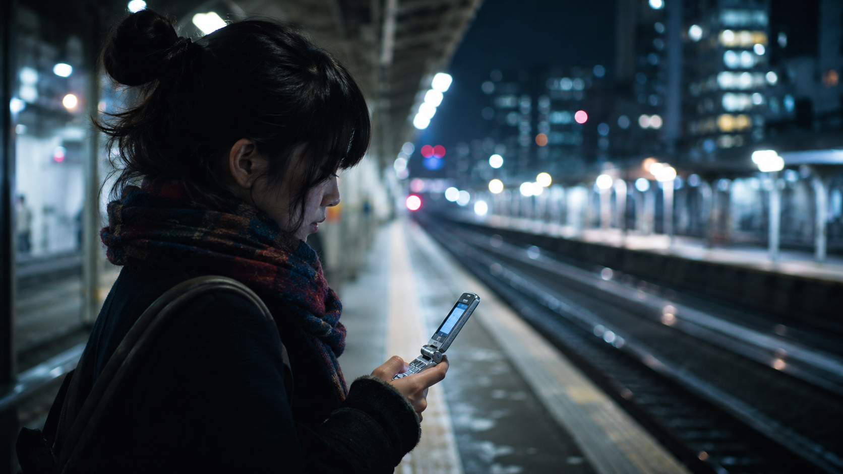 夜の駅で折りたたみ携帯電話を見る女性