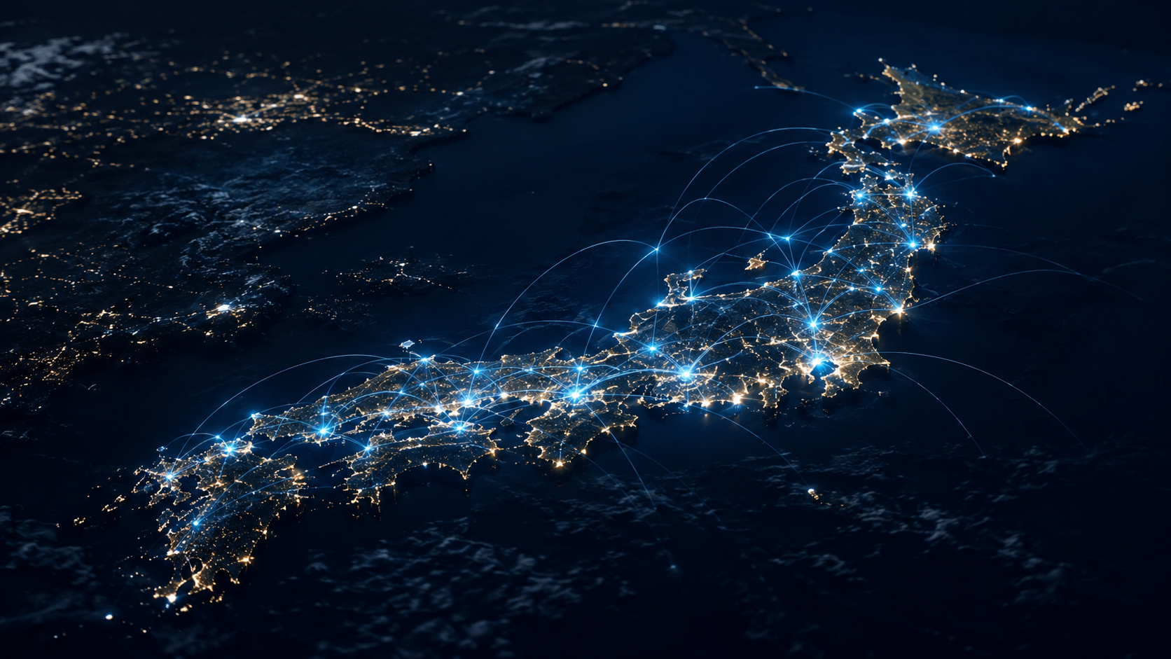 夜の日本列島に光る通信ネットワークのイメージ