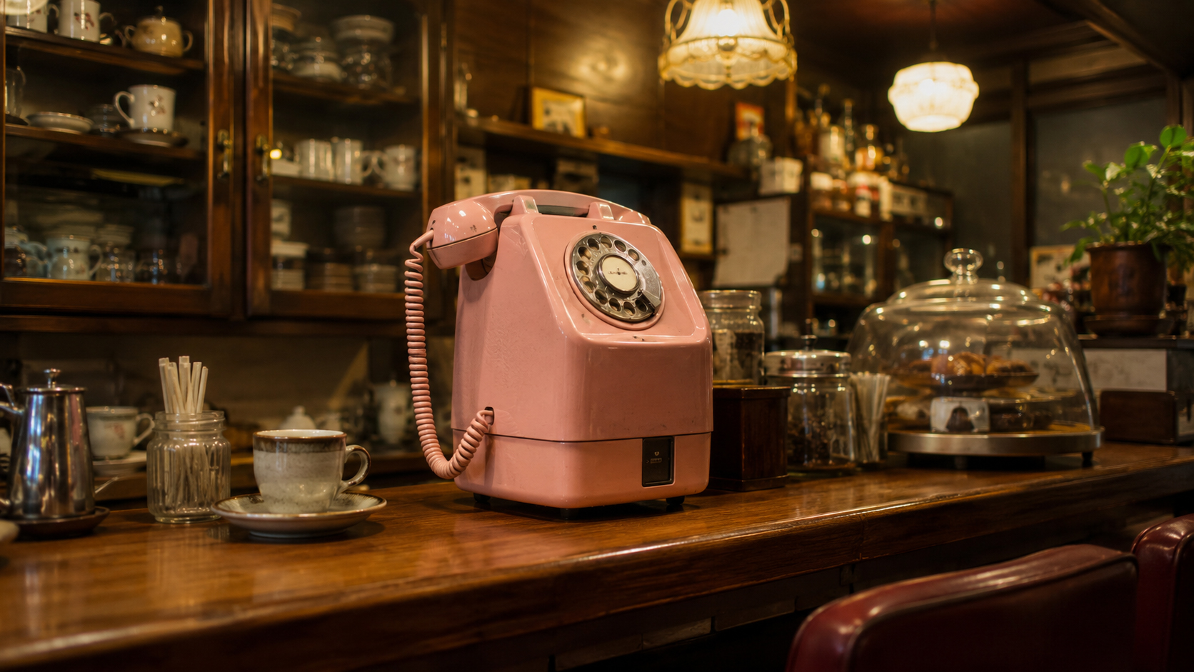 昭和の喫茶店のカウンターに置かれたピンク電話