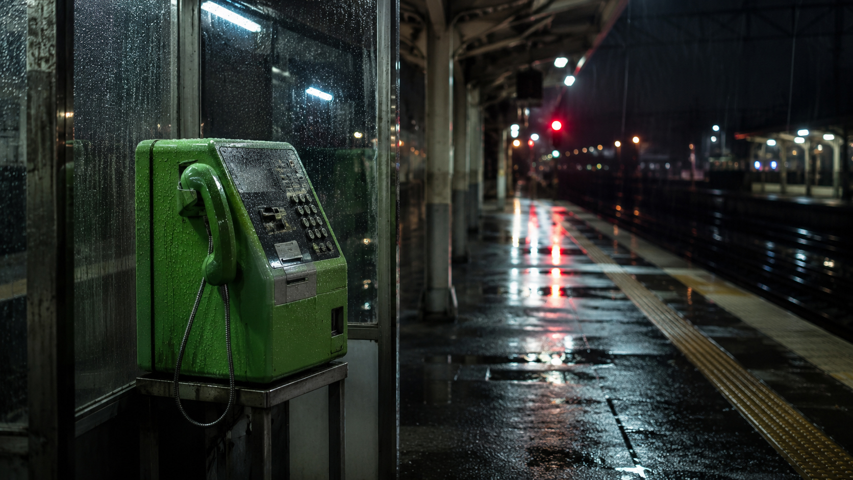 雨の夜の駅前にある日本の緑の公衆電話