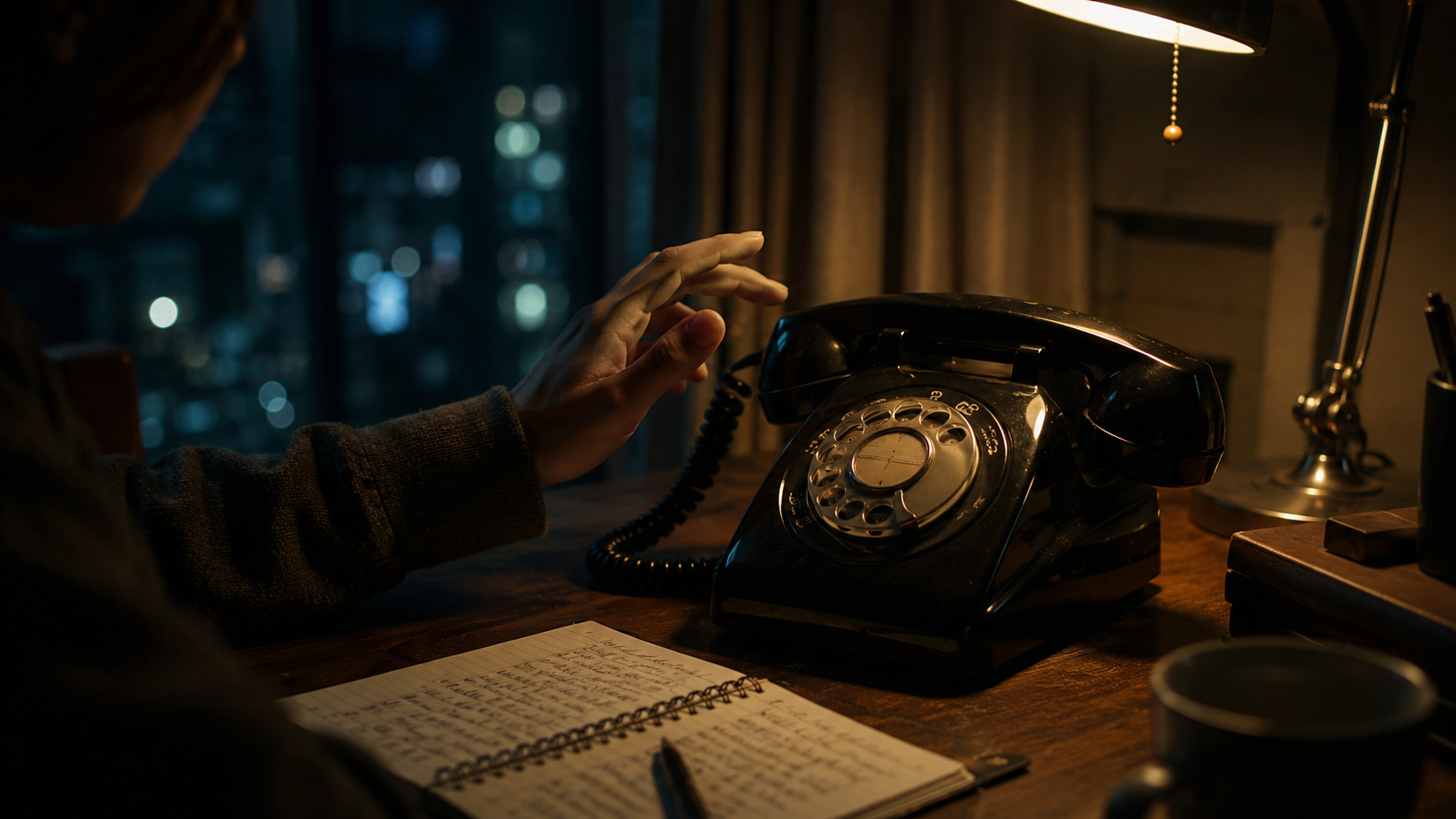 夜の机で黒電話に手を伸ばす緊張した手