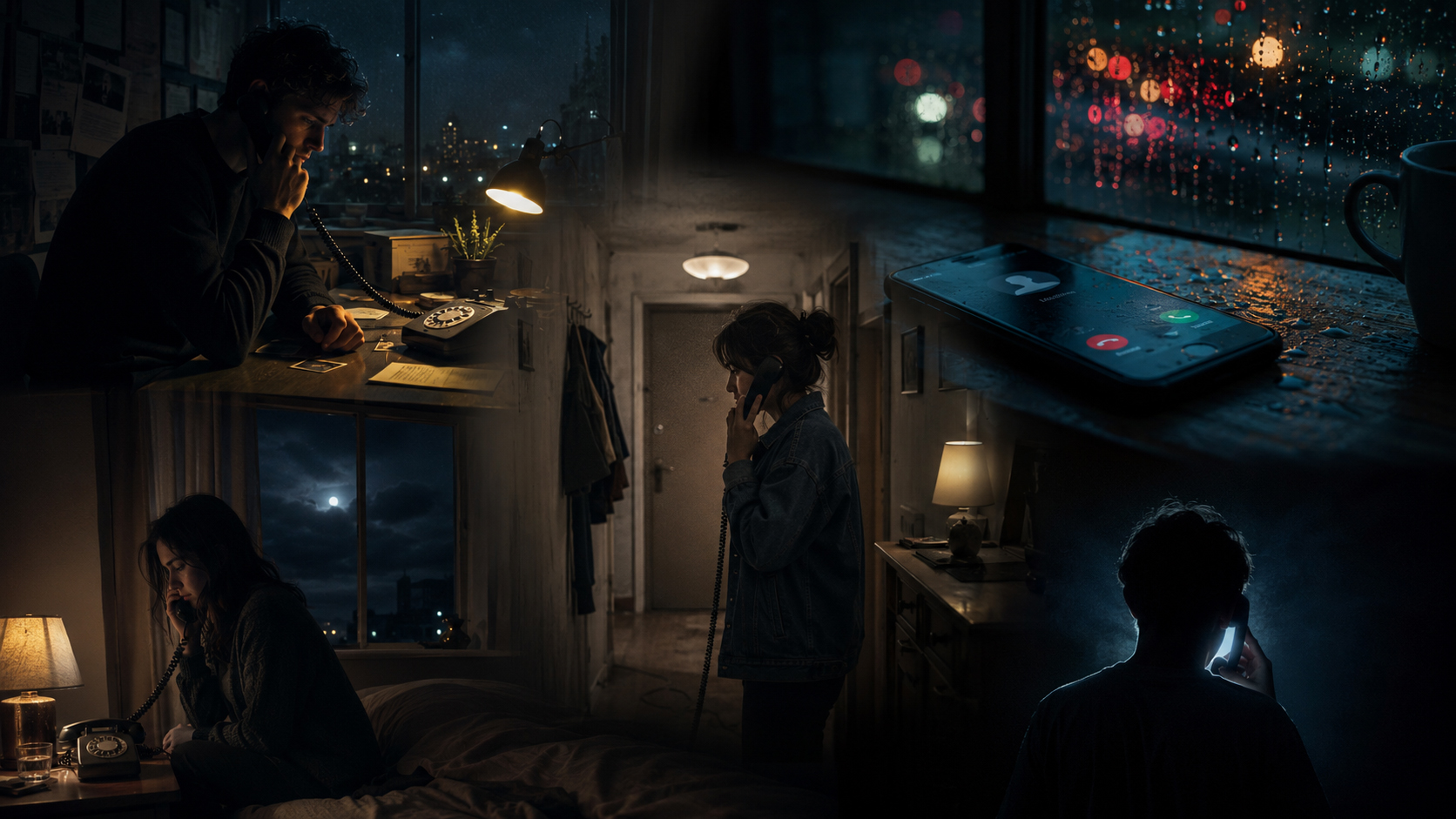 五つの夜の電話物語を重ねた暗いコラージュ