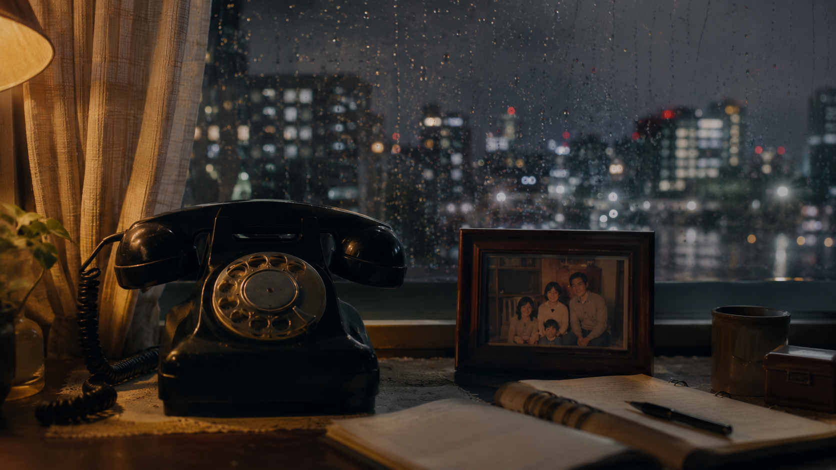 雨の窓辺に置かれた黒電話と家族写真