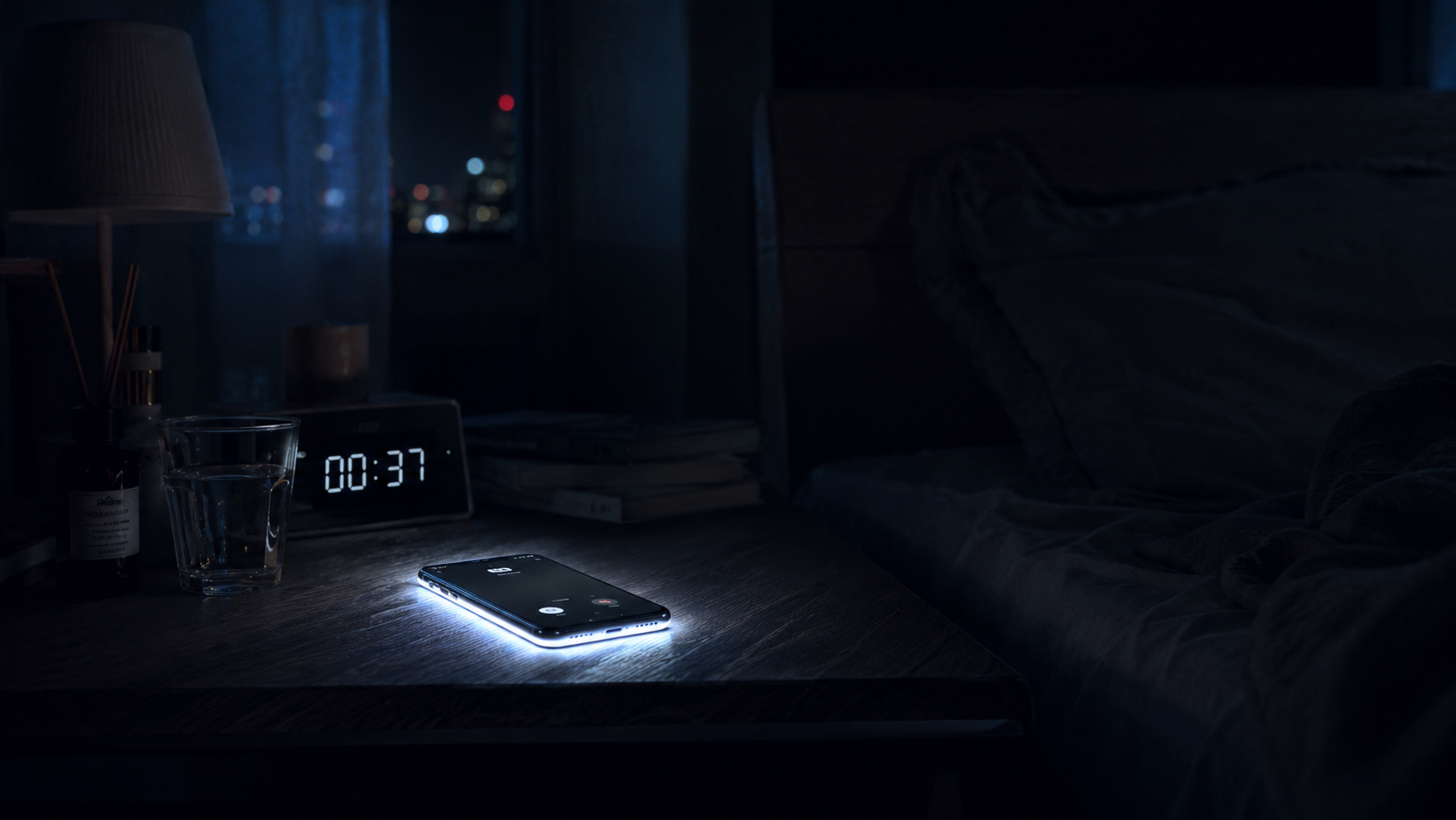 真夜中の暗い寝室で光るスマートフォン