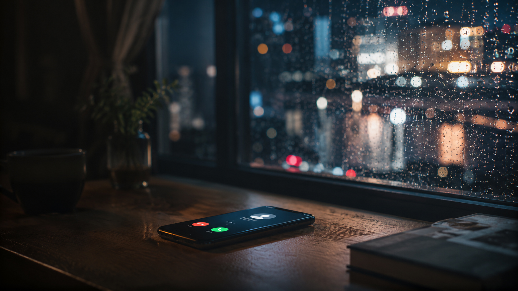 雨の窓辺に置かれた不在着信中のスマートフォン